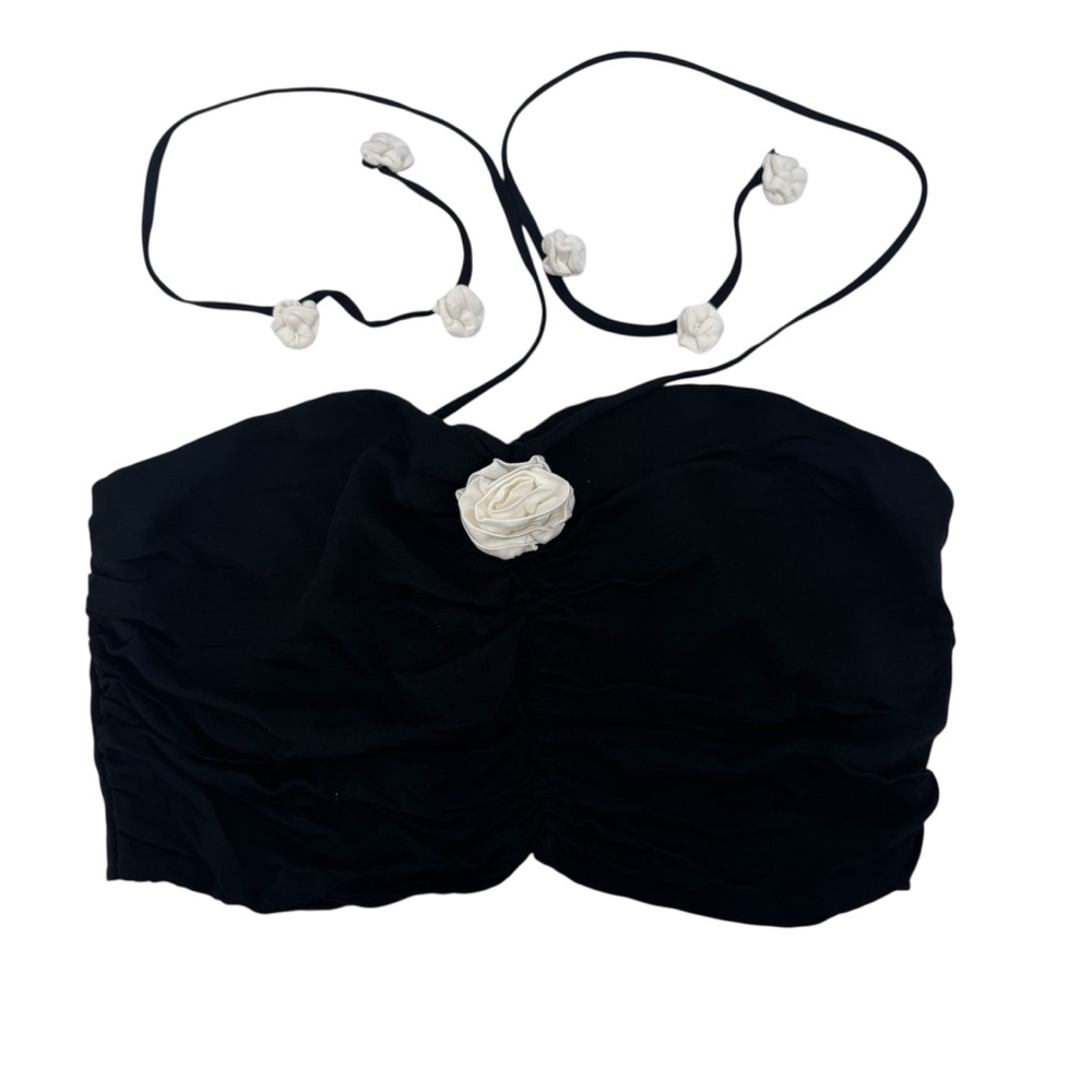 wild fable Black Strapless Crop Top with White Flower Accents